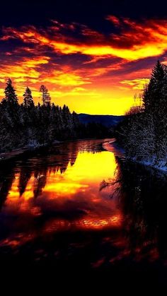 the sun is setting over a river and trees