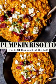 pumpkin risotto with feta cheese and cranberries in a skillet