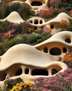 an unusual house with flowers growing on the roof and side walls that look like they are floating in the air