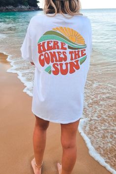 Retro Here comes the sun Shirt, Hippie tee, Vintage Style vacation tee Shirts, beach Shirt, Comfort Colors T-Shirt Pepper Shirt  SIZING  ❥ TSHIRT has a unisex fit. PLEASE NOTE This is a standard unisex size Comfort Colors Tee. For an oversized tee, please size up. If you are looking for an oversized "T-shirt Dress" look, we recommend sizing up 2 sizes. Please review the size chart to ensure you receive the fit you want ❥ Sleeves are rolled up in some product pictures, they will not come rolled u White Funny Print T-shirt For Summer Adventures, White T-shirt With Funny Print For Summer Adventures, White T-shirt With Text Print For Summer Adventures, White Vsco T-shirt For Beach, White Graphic Print T-shirt For Summer Adventures, White Graphic Print T-shirt For Summer, White T-shirt For Summer Beach Season, White T-shirt For Beach, Fun White Beach T-shirt