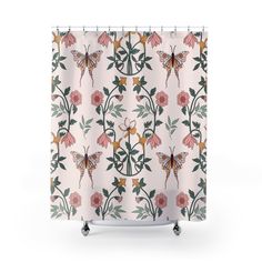 modern boho fabric shower curtain Clean Everyday, Floral Bathroom Decor, Floral Bathroom, Boho Shower Curtain, Pink Butterfly, Curtain Rod, Curtain Rods, Repellent, Modern Decor