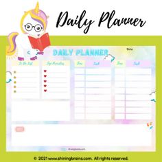 a daily planner with a unicorn reading a book