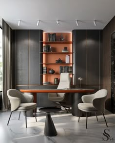 an office with two chairs and a desk in front of a book shelf filled with books