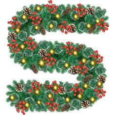 the letter e is made up of pine cones and holly wreaths with christmas lights