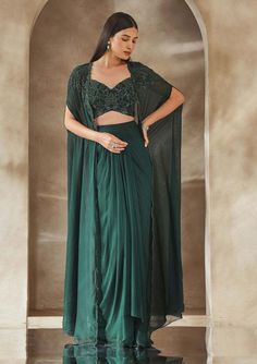 Women's outfit| Cape top and skirt set Indian Outfits Modern, Emerald Green Blouse, Embroidered Cape, Function Dresses, Trendy Outfits Indian, Mehendi Outfits, Lehenga Designs Simple, Fancy Sarees Party Wear, Draping Fashion