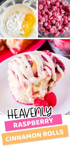 raspberry cinnamon rolls with white frosting on top and the words heavenly raspberry