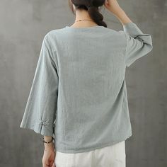 Organic light blue shirts v neck Chinese Button Knee blouse

 Materials used: cotton  linen

Measurement:One size fits all for this item. Please make sure your size doesn't exceed this size: XL/US16-18/EUR44   
   
length 59cm / 23.01"
bust 108cm / 42.12"
Shoulder 42cm / 16.38"
Sleeve length 43cm / 16.77"
Cuff 46cm / 17.94"



We ship worldwide.

Tracking numbers provided for all orders. Blue Cotton V-neck Shirt, Blue Linen V-neck Blouse, Casual V-neck Blouse, Cotton V-neck Shirt In Solid Color, Casual Linen V-neck Shirt, Gray Relaxed Fit V-neck Shirt, Summer V-neck Gray Blouse, Light Blue Solid Color Shirt For Spring, Casual V-neck Plain Blouse