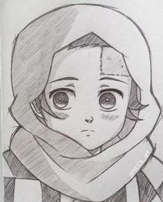 a pencil drawing of a girl with big eyes and scarf around her neck, looking to the side