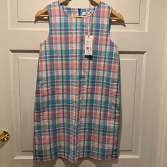 Vineyard Vines~ Nwt!!~ Beautiful Madras Shift Dress. "Bahama Breeze" Pastel Plaid. Materials: Dress= 52% Linen, 48% Cotton // Lining= 100% Cotton. (Girls / Size: 14) Machine Washable. ***Out Of Stock @ Vv*** Approx. Measurements: Chest= 17" (Pit To Pit), Length= 31.5" Back. Sleeveless Multicolor Dress For Sleepover, Multicolor Sleeveless Dress For Sleepover, Bahama Breeze, Pastel Plaid, Vineyard Vines, Kids' Dresses, Simple Style, Shift Dress, Pink Blue