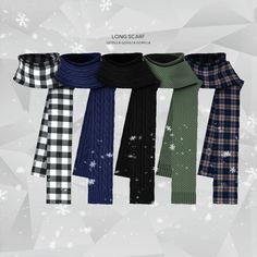 six scarves are lined up in different colors and patterns, all with snowflakes on them