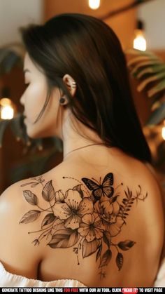 the back of a woman's shoulder with flowers and butterflies on her upper half