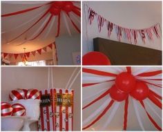 red and white party decorations with balloons