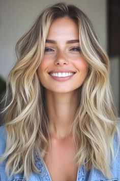 Save this pin for the best fall hair color ideas. Channel beachy vibes all year round with cool sandy blonde waves. This laid-back look blends soft honey tones with cooler beige streaks for a sun-kissed look. Blonde Balayage Beachy, Medium Beachy Haircut, Sun Kissed Blonde Highlights, Blonde Carmel Highlight, Beachy Bronde Haircolor, Medium Length Honey Blonde Hair, Hair Color For Blondes With Blue Eyes, 2025 Womens Hair Trends, Soft Autumn Hair Color Blonde