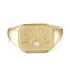 Invoking a sense of renewal, the signet ting signifies a new day, marked by the rise of the sun. Featuring a hand drawn sun motif on a signet band, the signet Ring is a statement ring best layered.Carat Weight: 0.019 ctStone Size: 1.3 mmStone Type: Jeulia® StoneNumber of Stones: 1 Stone Shape: RoundStone Color: Diamond WhiteWeight: 4 gWidth: 2.8 mmHeight: 2.7 mmThickness: 1.2 mmMaterial: 925 SilverPlating Color: Yellow Gold Sun Motif, Anniversary Sale, The Rise, Signet Ring, A New Day, Cocktail Rings, Quality Jewelry, Statement Ring, Diamond White