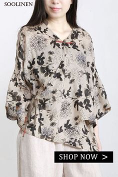 Art Beige Print Oriental Ramie Shirts Fall Asymmetric Top, Chic Fall Outfits, Half Sleeve Tops, Outfit Inspiration Fall, Fall Fabric, Asymmetrical Tops, New Tops, Fall Outfits Women