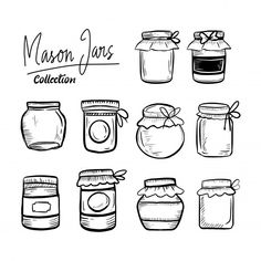 mason jars collection hand drawn in black and white