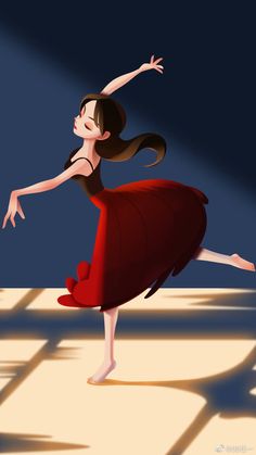 a woman in a red dress is dancing on the floor with her arms stretched out