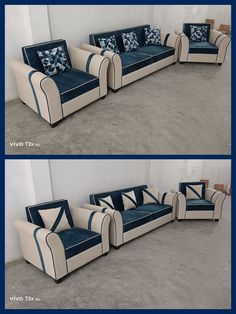 two pictures of couches with blue and white cushions