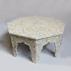 MOP Inlay Floral Octagonal Coffee Table Beige 1 Pearl Coffee Table, Jali Pattern, Coffee Table Beige, White Round Coffee Table, Octagonal Coffee Table, Sofa Bar, Table Beige, Octagon Table, Bone Inlay Furniture