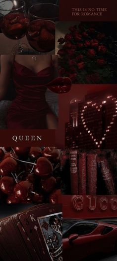 a collage of red images with the words queen written on them in cursive letters