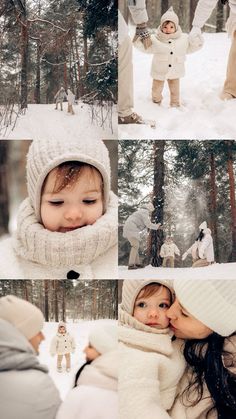 a collage of photos with people in the snow and one woman holding her baby's nose