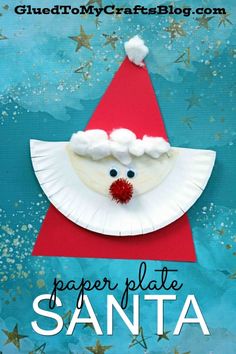 a paper plate santa hat craft with the words paper plate santa on it and stars in the background