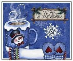 a painting of a snowman holding a cup of coffee with the words hannah written on it