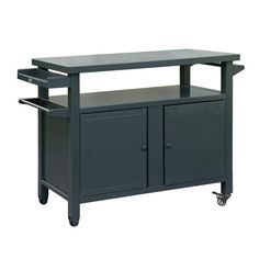 a black kitchen island with two drawers on casteors and one door open to the side