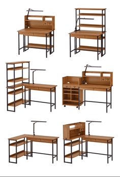 six different types of desks with shelves