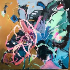 an abstract painting with blue, pink and green colors