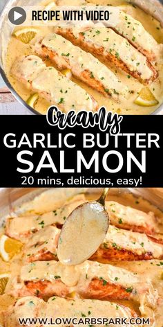 creamy garlic butter salmon in a pan with lemons and parsley