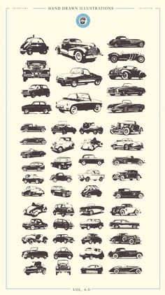 an old car poster with all the different cars in black and white, including one that is