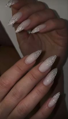 Almond Nails Sparkle Tips, Sparkly Oval Acrylic Nails, Glittery Nail Ideas Acrylic, Wedding Stilleto Nails For Bride, Plus New Years Eve Outfit Ideas, Sparkle Aesthetic Nails, Classy Sparkly Nails, New Years Nails Stiletto, Bride Nails Almond