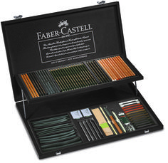 the faber castei box contains many different colored pencils