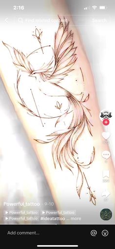 a tattoo design on the arm of a woman's arm with a bird flying over it