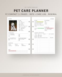 the pet care planner is open and ready to be used as a printable template