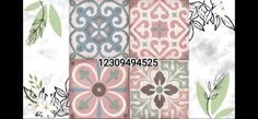 four different colored tiles with flowers and leaves on the bottom one is pink, green, blue, gray and white