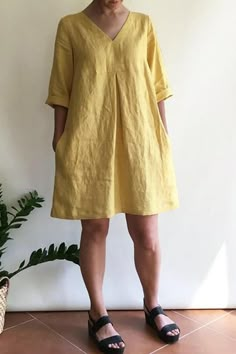 Solid V Neck Linen Tunic Dress Everyday Dresses Casual, Linen Tunic Dress, Solid Color Dress, Linen Tunic, Dress Size Chart, Linen Dresses, Linen Dress, Knee Length Dress, Dress Brands