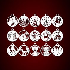 twelve christmas baubles with santa claus and reindeers on them, hanging from red background