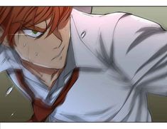 an anime character with red hair and green eyes is looking at the camera while wearing a white shirt