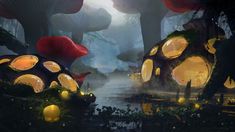 an animated scene with mushrooms and lights in the forest, surrounded by trees on either side