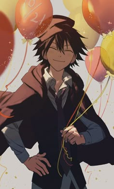 an anime character is holding balloons in front of him