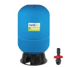 a blue tank sitting on top of a black stand next to a red plastic pipe