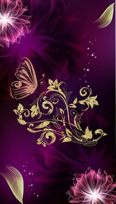 an abstract floral background with gold and pink flowers on a dark purple background is the centerpiece for this image