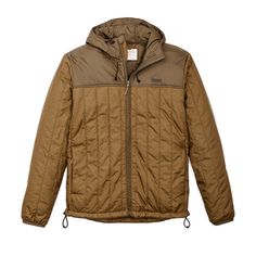 Made with a 1.5-oz. Cordura® ripstop nylon shell and insulated with 60g PrimaLoft® Gold, the Filson Ultra-Light Hooded Jacket is highly packable and surprisingly warm—made to be worn solo or as an insulating mid-layer in colder temperatures. Because PrimaLoft® Gold retains 98% of its warmth when wet, it boasts unmatched versatility in any weather. The full-length zipper has a zipper garage, so it’s comfortable when zipped all the way to the chin. The elastic cuffs and drawcord-adjustable hood and hem ensure a snug fit that seals in warmth, and zippered, Moleskin-lined handwarmer pockets add even more warmth and comfort. Features an interior zippered security pocket and a double layer of fabric over the yoke for durability. | Filson Ultralight Hooded Jacket GldOchrBch Size XS Midweight Nylon Windproof Windbreaker, Midweight Nylon Windbreaker Windproof, Outdoor Nylon Windbreaker With Fleece Lining, Brown Nylon Outdoor Outerwear, Brown Nylon Outerwear For Outdoor, Nylon Windbreaker With Fleece Lining For Outdoor Activities, Hooded Insulated Nylon Windbreaker, Functional Nylon Hooded Jacket With Fleece Lining, Brown Hooded Nylon Puffer Jacket