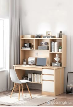 a white chair sitting in front of a wooden desk