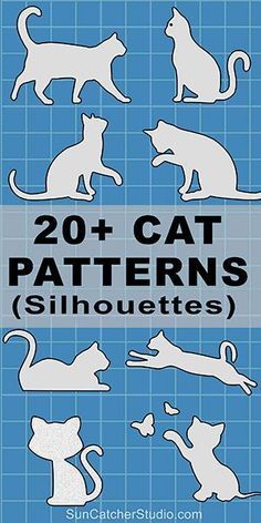 the silhouettes of cats and kittens are shown in white on blue tile background