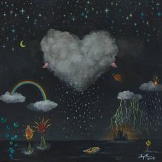 a painting with clouds, stars and rainbows floating in the sky over water at night