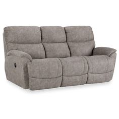 the reclining sofa is shown in grey fabric