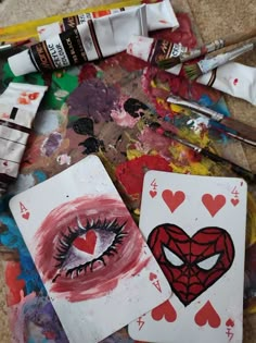 fotoraf Playing Cards Art Painting, Painting On Cards Deck, Deck Of Card Painting Ideas, Painting Cards Deck, Aesthetic Playing Cards, Playing Cards Drawing, Playing Cards Painting, Painted Playing Cards, Spiderman Diy